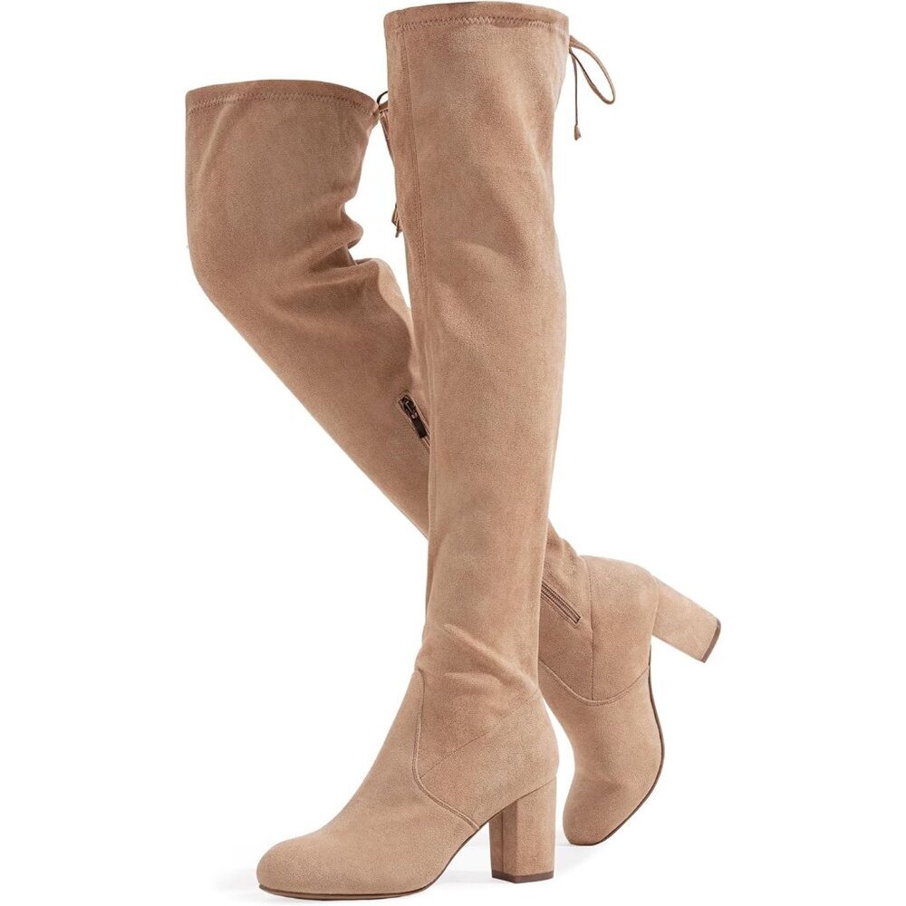 Women's Sand Suede Inner Zipper Thigh High Over The Knee High Square Heel Boots